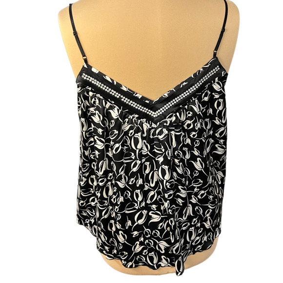 BeBe Black Floral Print Embellished Silk Tank Top, Size L - Picture 4 of 9